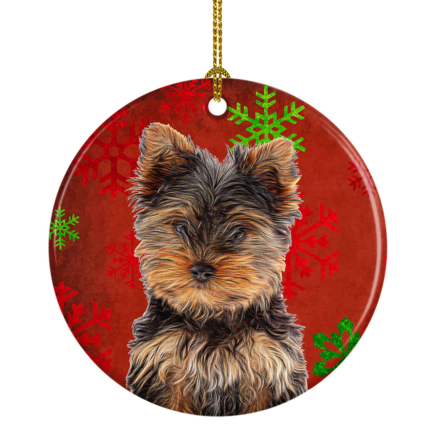 Caroline's Treasures Red Snowflakes Holiday Christmas Yorkie Puppy/Yorkshire Terrier Ceramic Ornament Christmas Tree Hanging Decorations for Home Christmas Holiday, Party, Gift, 3 in, Multicolor