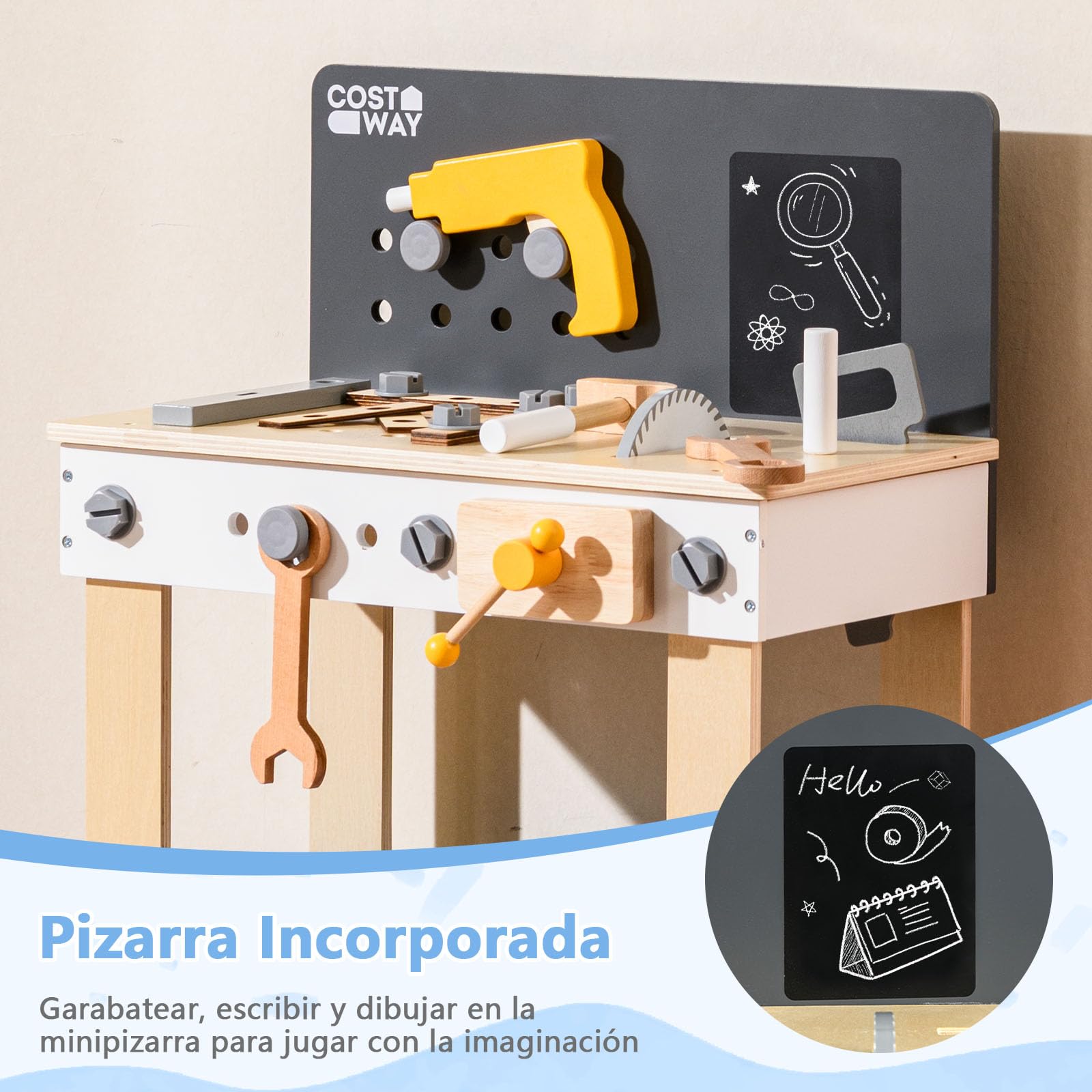 COSTWAY Banco de Herramientas para Niños, Banco de Trabajo Infantil de Madera Pequeños, Pizarra y Estante de Almacenamiento, Juego de Herramientas de Juguete Montessori para Niños de 3+ Años