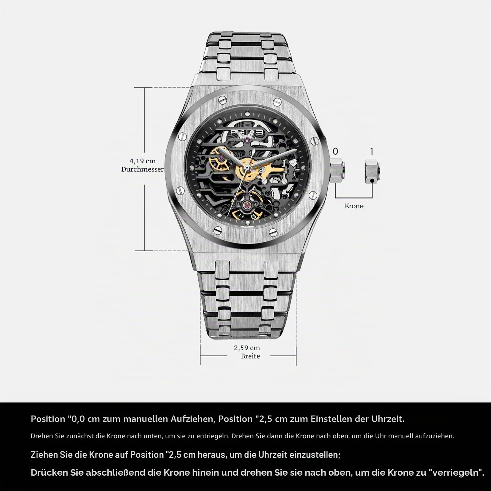 FEICE Automatikuhr Herren Skeleton Uhr Handgelenk Mechanische Uhren Edelstahl Saphirspiegel 42MM