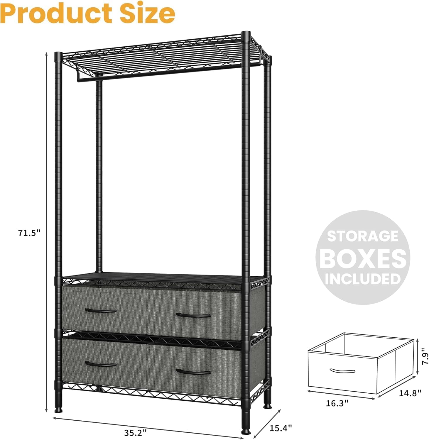 Garvee Portant Vêtements Avec 4 Tiroirs Profonds, Capacité 308 kg, Noir