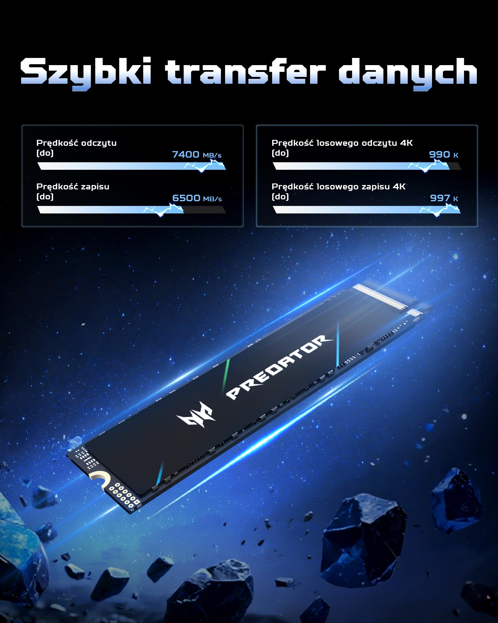 acer Predator GM7 1TB SSD, M.2 2280 PCIe Gen 4 x4 NVMe 2.0, 3D TLC NAND, prędkość odczytu do 7200 MB/s, wewnętrzny dysk półprzewodnikowy do laptopa, komputera stacjonarnego i PS5