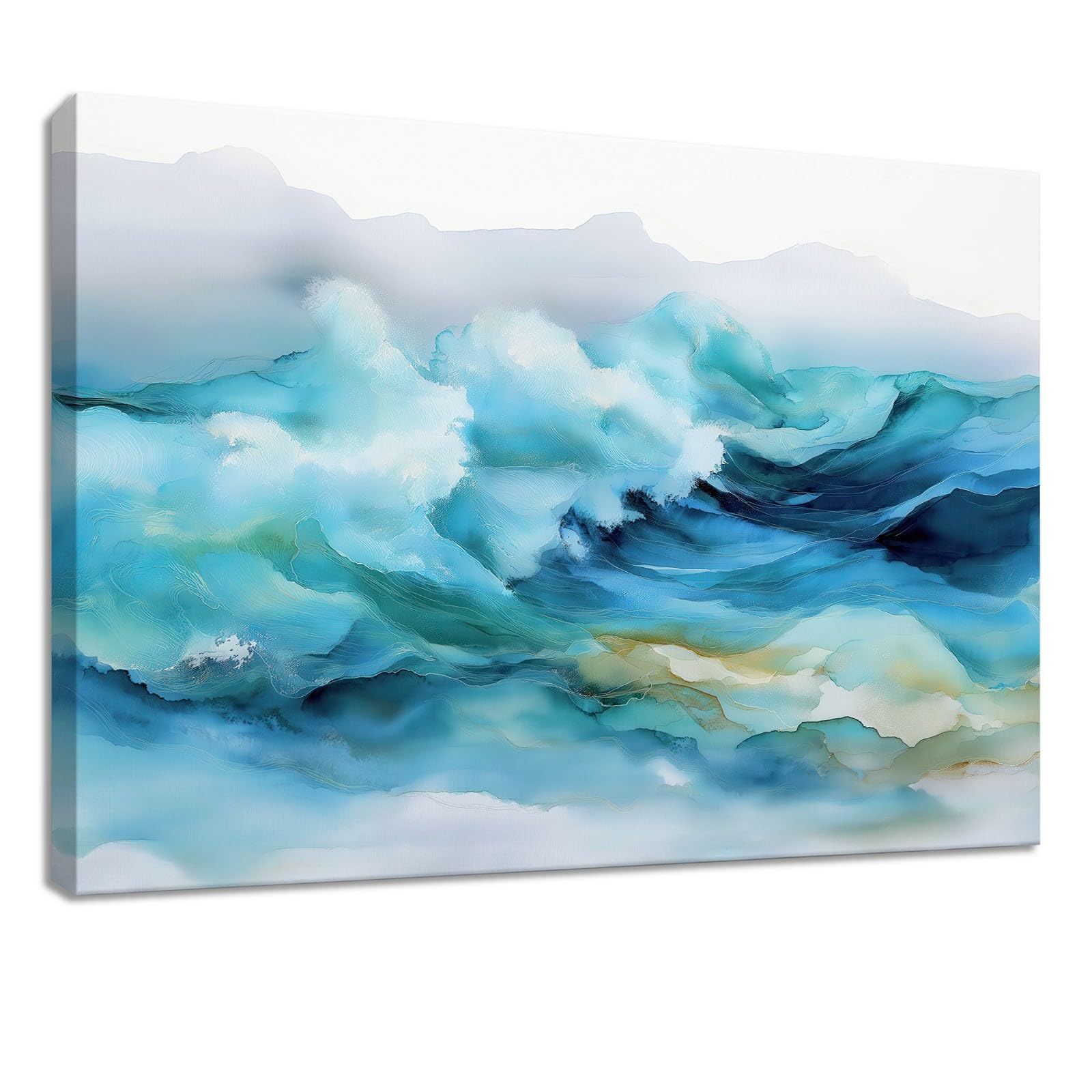Leinwandbild 120 x 80 cm Leinwandbilder mit Abstrakt, Bild auf Leinwand - Kunstdruck auf Canvas, Bilder Wanddeko für Wohnzimmer, Schlafzimmer, Esszimmer, Berge Wellen Wolken Blau