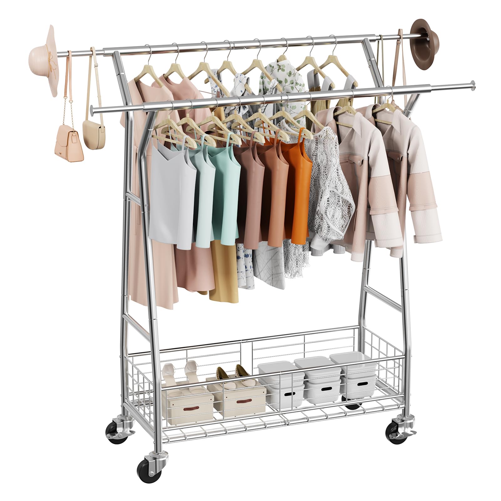VEVOR Perchero Burro para Ropa 107-166 cm 2 Barras para Colgar y Cesta de Almacenamiento, Burro de Ropa con Ruedas, Carga de 150 kg, de Acero al Carbono, para Dormitorio, Lavandería, Sala de Estar
