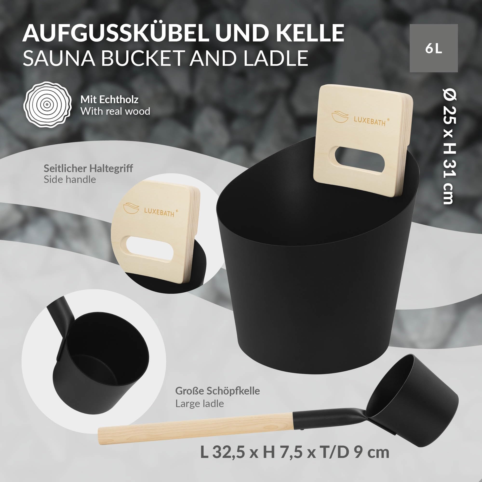 LuxeBath Saunazubehör-Set aus Aluminium & Naturholz, Schwarz, Sauna Set 4-teilig, Aufgusskübel mit Griff & Schöpfkelle, Thermometer-Hygrometer & 15min Sanduhr, Saunaeimer 6L, Langlebiges Sauna Zubehör