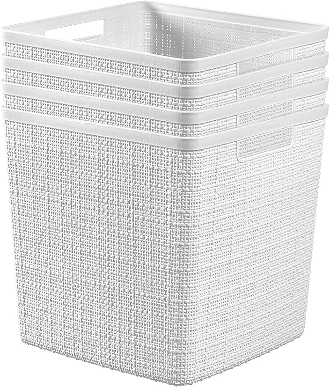 Curver Juego de 4 cestas de almacenamiento y organización de plástico decorativas de yute de 17 litros, cubos grandes, contenedores perfectos para la oficina en casa, estantes de armario, despensa de cocina y todos los elementos esenciales del dormitorio, color blanco