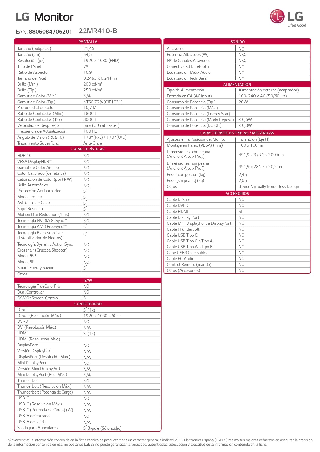 Lg 22mr410-b 21.4´´ Full Hd Ips Led 75hz Monitor One Size