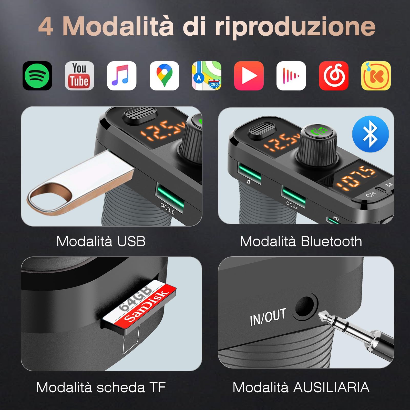 GizmoVine Trasmettitore FM Bluetooth per Auto, Adattatore Radio Musicale MP3 con QC3.0 e PD Carica Rapida, Doppio Display Digitale, Chiamata Vivavoce, Supporto U-Disk, Scheda SD, Interfaccia Aux