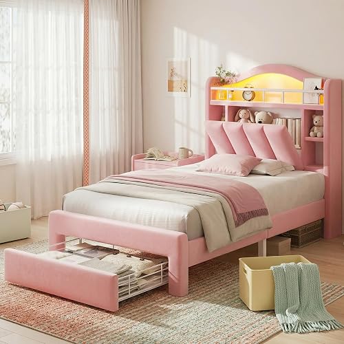 Pink Twin Size LED Bed Frame with Storage Headboard, Upholstered Velvet Princess Bed for Girls with 5 Charging Ports (USB-C & AC), Hidden Privacy Compartment, Sturdy Aluminum Frame & 1 Silent Drawers