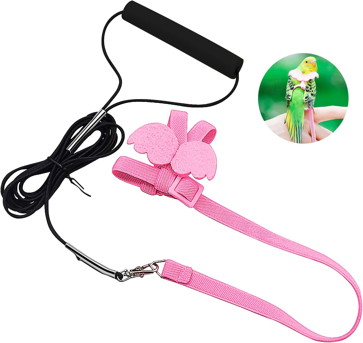 Jemey Bird Traction Rope, Adjustable Pet Parrot Flying Harness with Cute Wing, Pet Bird Outdoor Training Toy for Pigeons, Finches, Parakeets, Cockatiels, Conures, Macaws, Budgie, Lovebird (Pink)