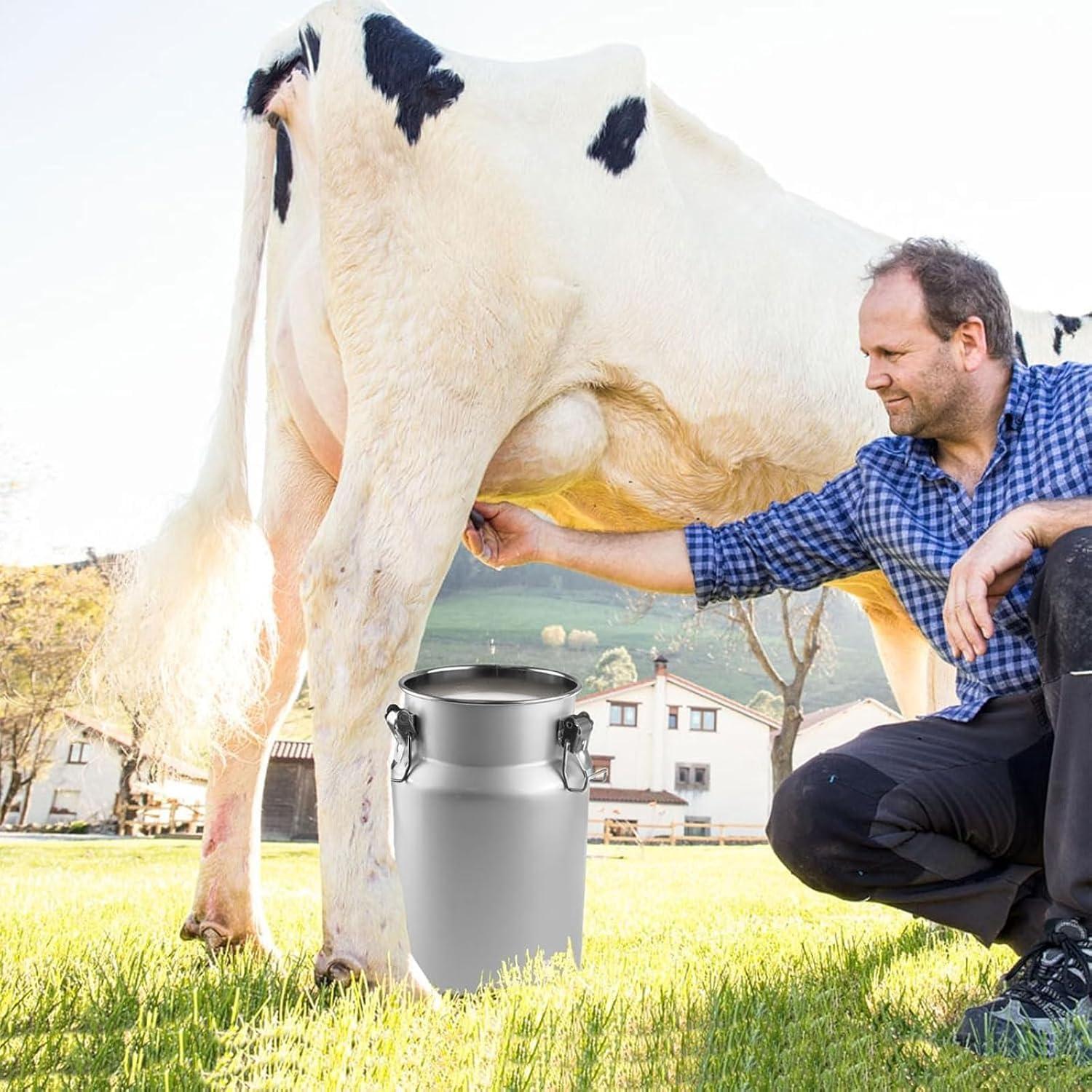 Lechera de acero inoxidable, barril de almacenamiento de líquidos con tapa y 2 asas para transportar granos, vino y agua