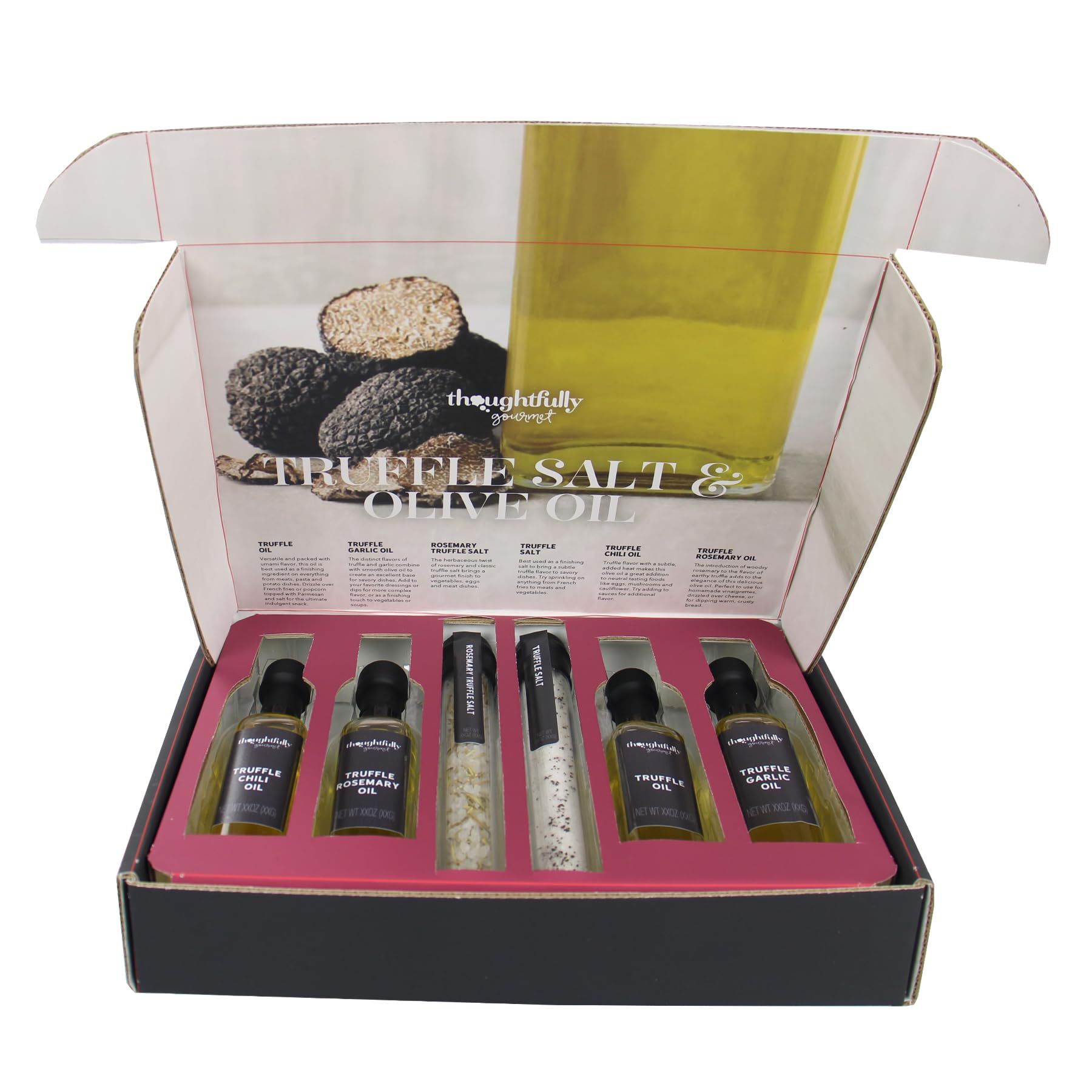 Coffret cadeau Thoughtfully Gourmet, sel à la truffe et huile d'olive, comprenant 4 huiles d'olive extra vierges de qualité supérieure, 2 sels à la truffe avec de véritables truffes, lot de 6