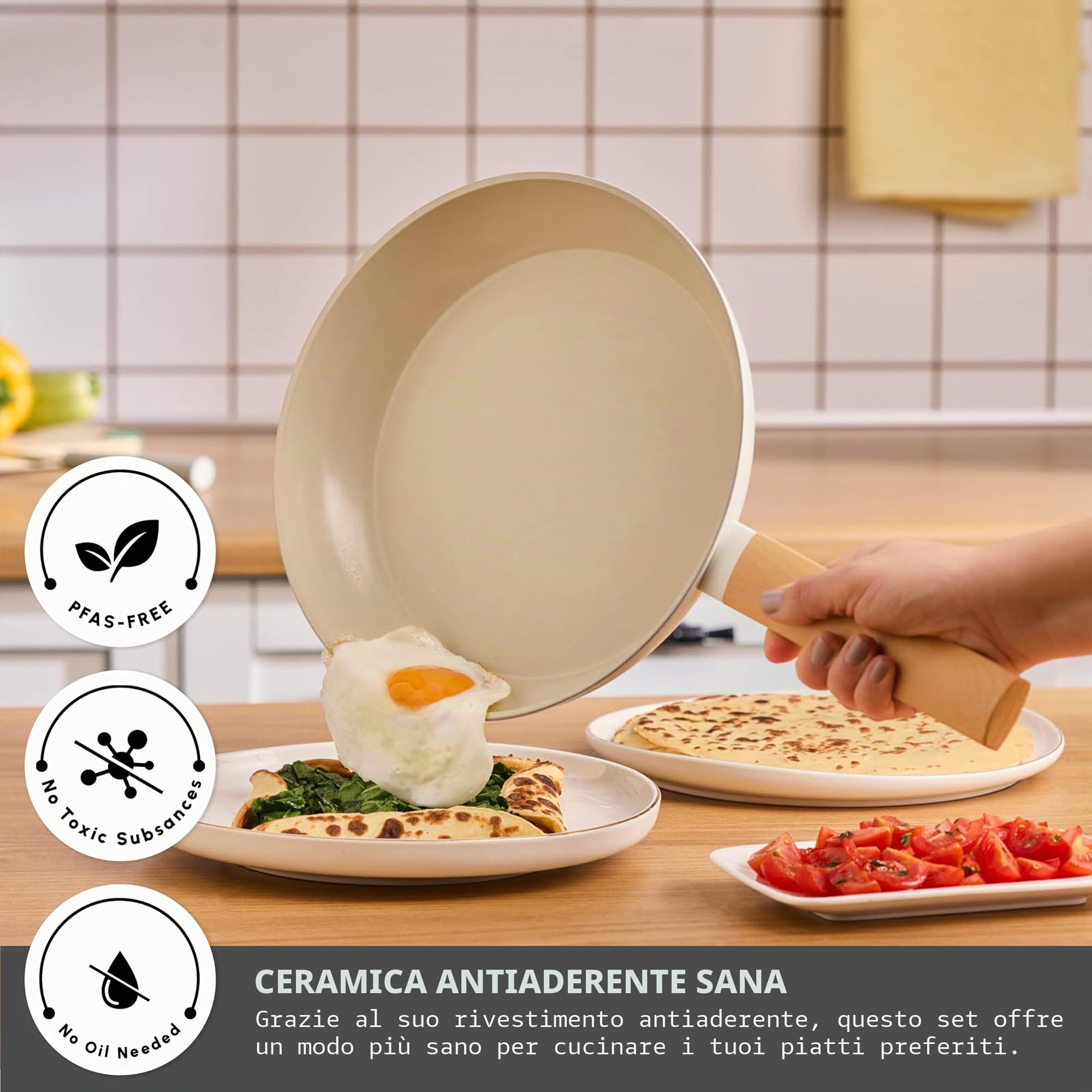 Karaca Swiss Crystal, set di pentole in ceramica a mandorla, set di pentole e padelle antiaderenti con coperchio, senza PFA, compatibili con piano cottura a induzione, crema, 7 pezzi