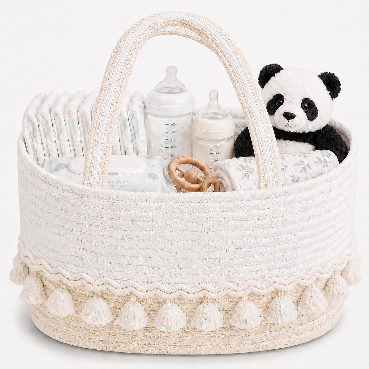 Baby Diaper Caddy Organizer, Portable Nursery Basket, Off White | Cotton Rope Basket for Diapers, Wipes, Toys, and Baby Essentials, Suitable for Home, Car, and Travel