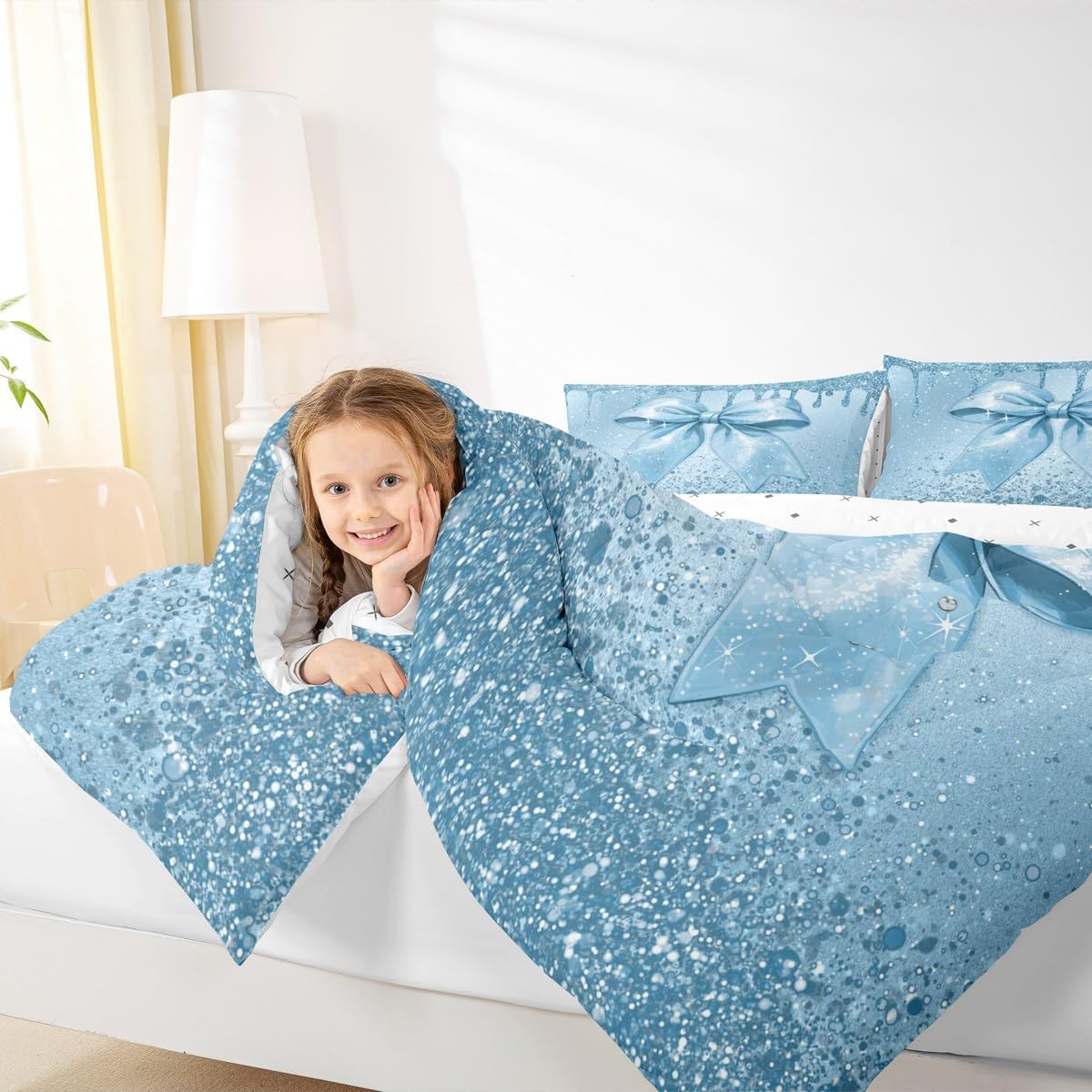 Kids Watercolor Bow Bedding Set Twin Size Blue Glitter Bow (No Glitter) Duvet Quilt for Boys Girls Teens Bedroom Decor Cute Bowknot Comforter Set Soft Microfiber Coquette Bows With 1 Pillow Case