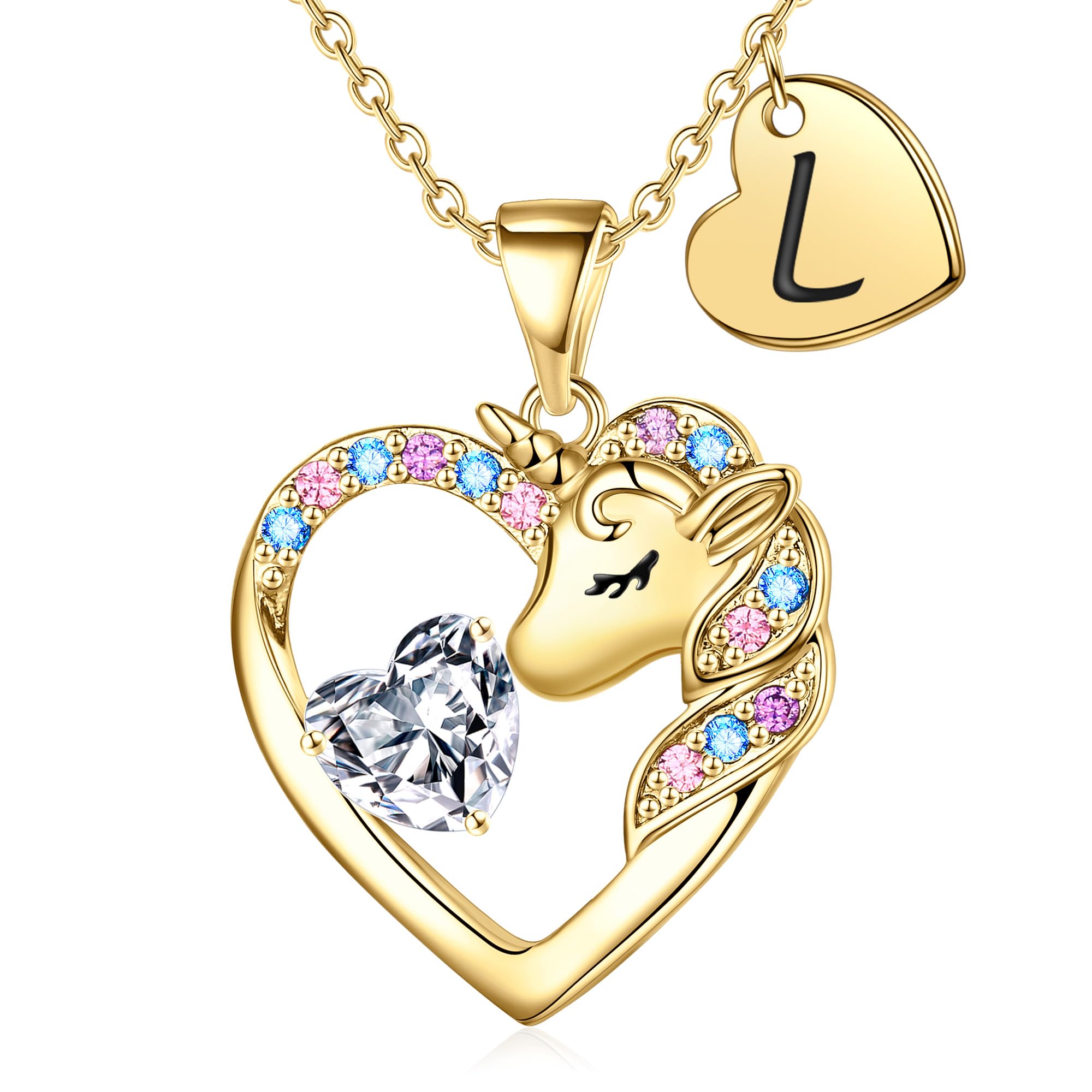 TINGN Einhorn Geschenke für Mädchen - Einhorn Halskette für Mädchen 14 Karat Vergoldet Einhorn Kette Kinder Herz Halskette mit Buchstaben Kette Mädchen Schmuck Geburtstagsgeschenk für Tochter
