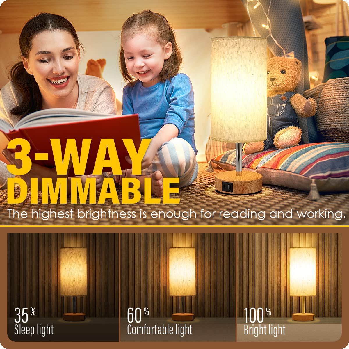 Yarra-Decor Lámpara de cabecera con puertos de carga USB A+C juego de dos - lámpara de mesa de control táctil para madera Lámpara de soporte de noche regulable de 3 vías con pantalla de tela redonda