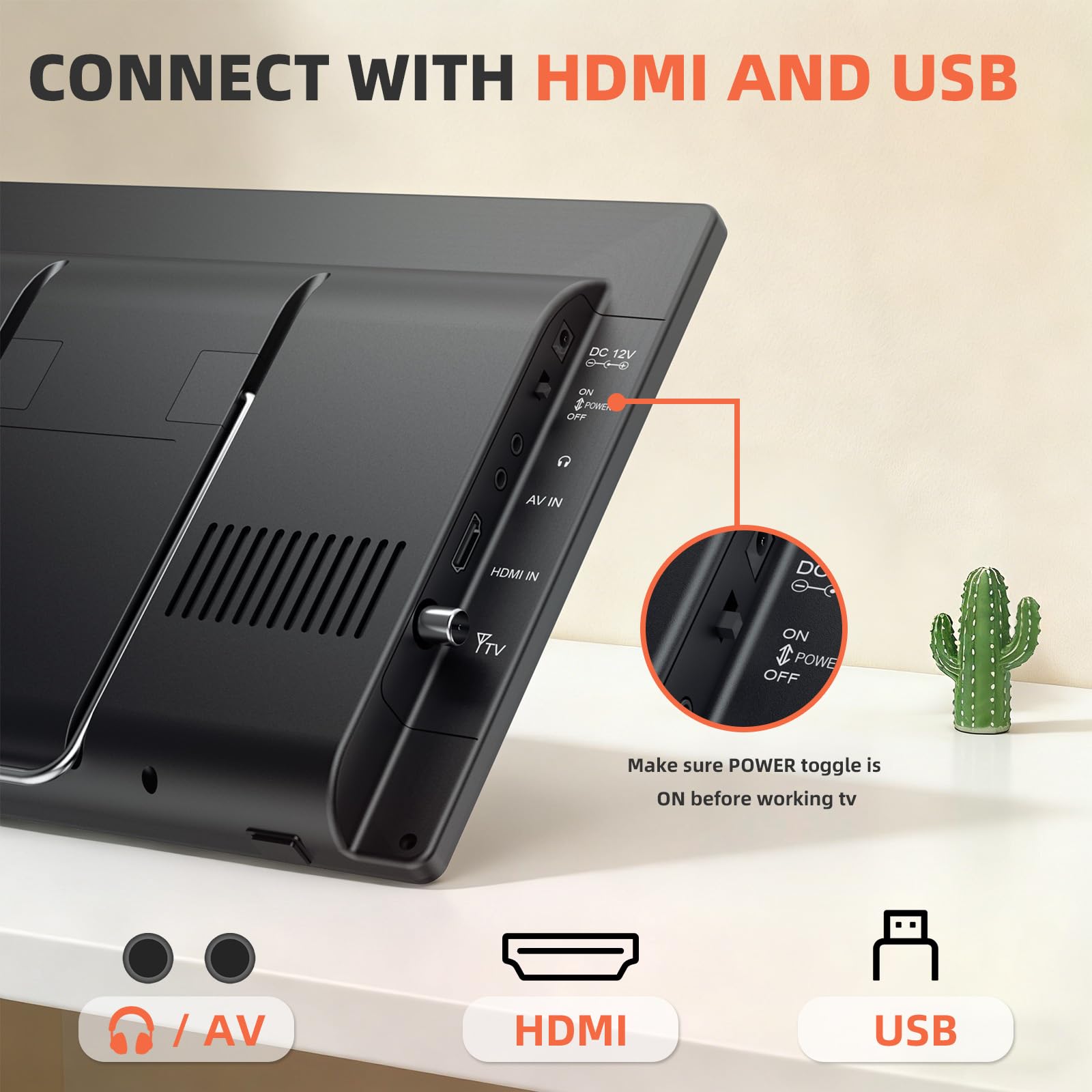 Desobry Televisor Portátil 12 Pulgadas Smart TV con Android, Mini Televisor para Cocina, Caravanas y Autocaravanas, HDMI USB AV Auriculares, Compatible DVB-T2 Freeview, Pie Ajustable 180°