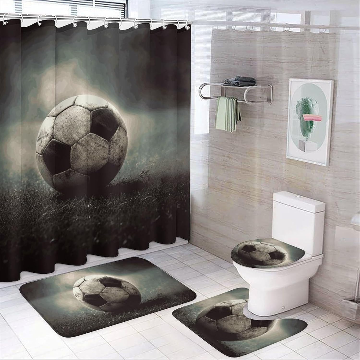Sport Soccer Shower Curtains Set 4 Piece with Non-Slip Rugs, Toilet Lid Cover and Bath Mat Soft Bathroom Carpet Waterproof Bathroom Curtain with 12 Hooks for Bathroom Decor
