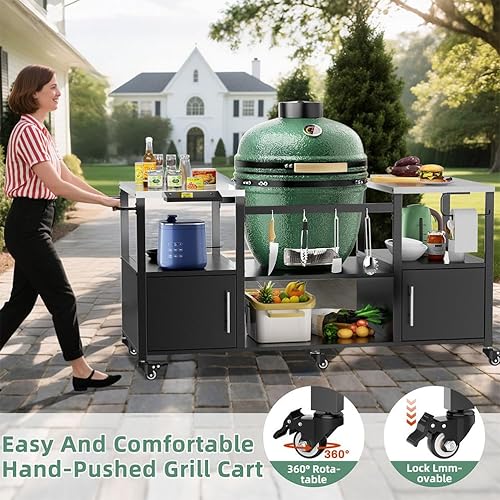 Miniatura 4 de Carrito de mesa de horno de pizza de acero inoxidable, carrito portátil de preparación de alimentos movible con caja de almacenamiento, mesa de