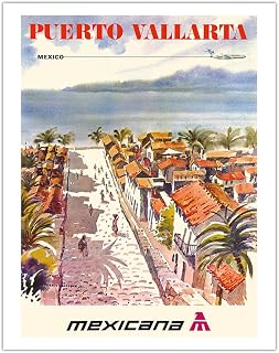 Puerto Vallarta Mexico - Mexicana Airlines (CMA-Compañía Mexicana de Aviación) - Vintage Airline Travel Poster by Ignacio Barrios c.1969 - Fine Art Matte Paper Print (Unframed) 11x14in