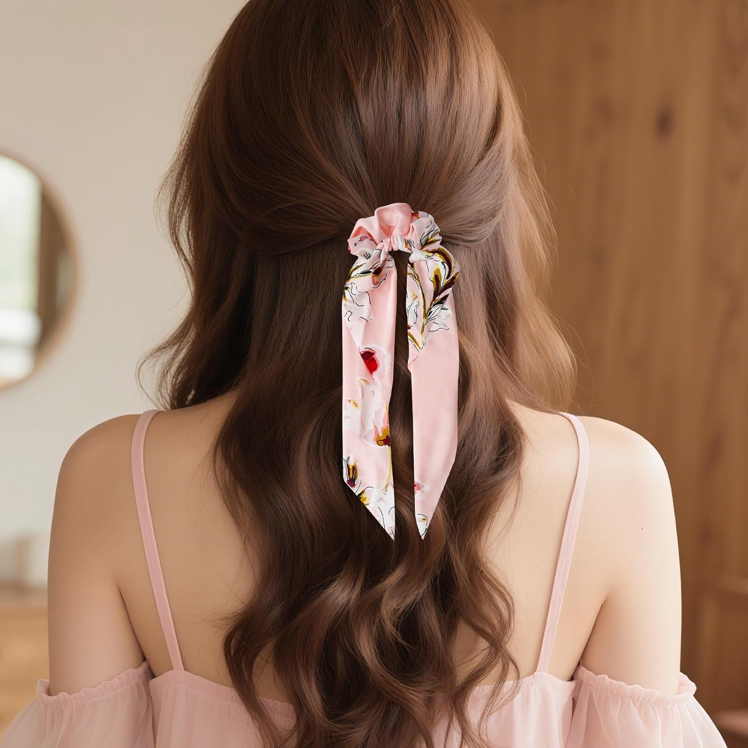 5-Piece Flower Printed Knotted Scarf Scrunchies for Women & Girls, Cute Floral Print Knot Elastic Ribbon Ponytail Holder Hair Ties, Bow No Damage Hair Accessories (Flower01) - Image 6