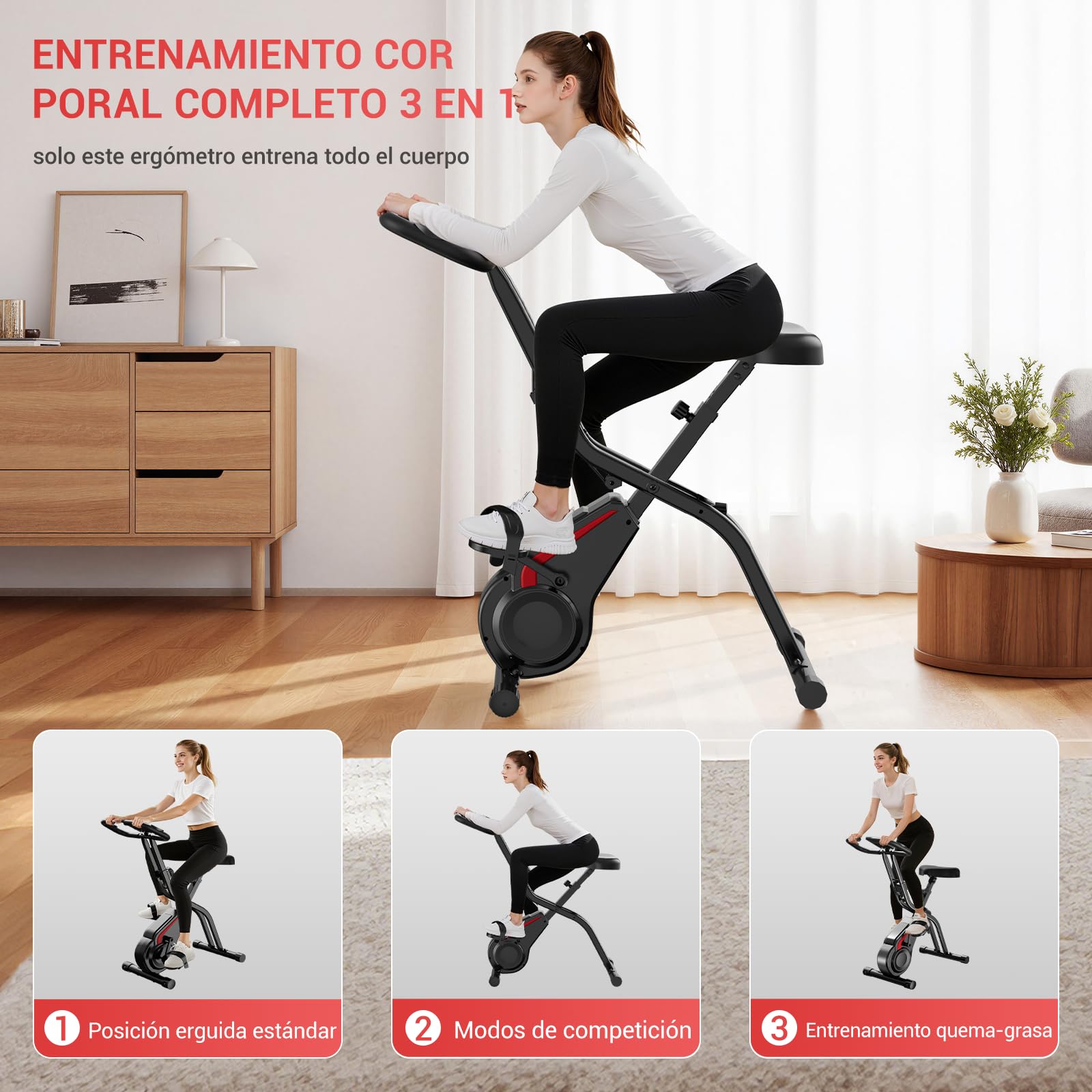 CURSOR Bicicleta estática plegable, 5 en 1Bicicleta spinning profesional | con Resistencia Magnética de 16 Niveles, Bicicleta estatica plegable para el hogar Bici de Sala con Asiento Cómodo,136 kg