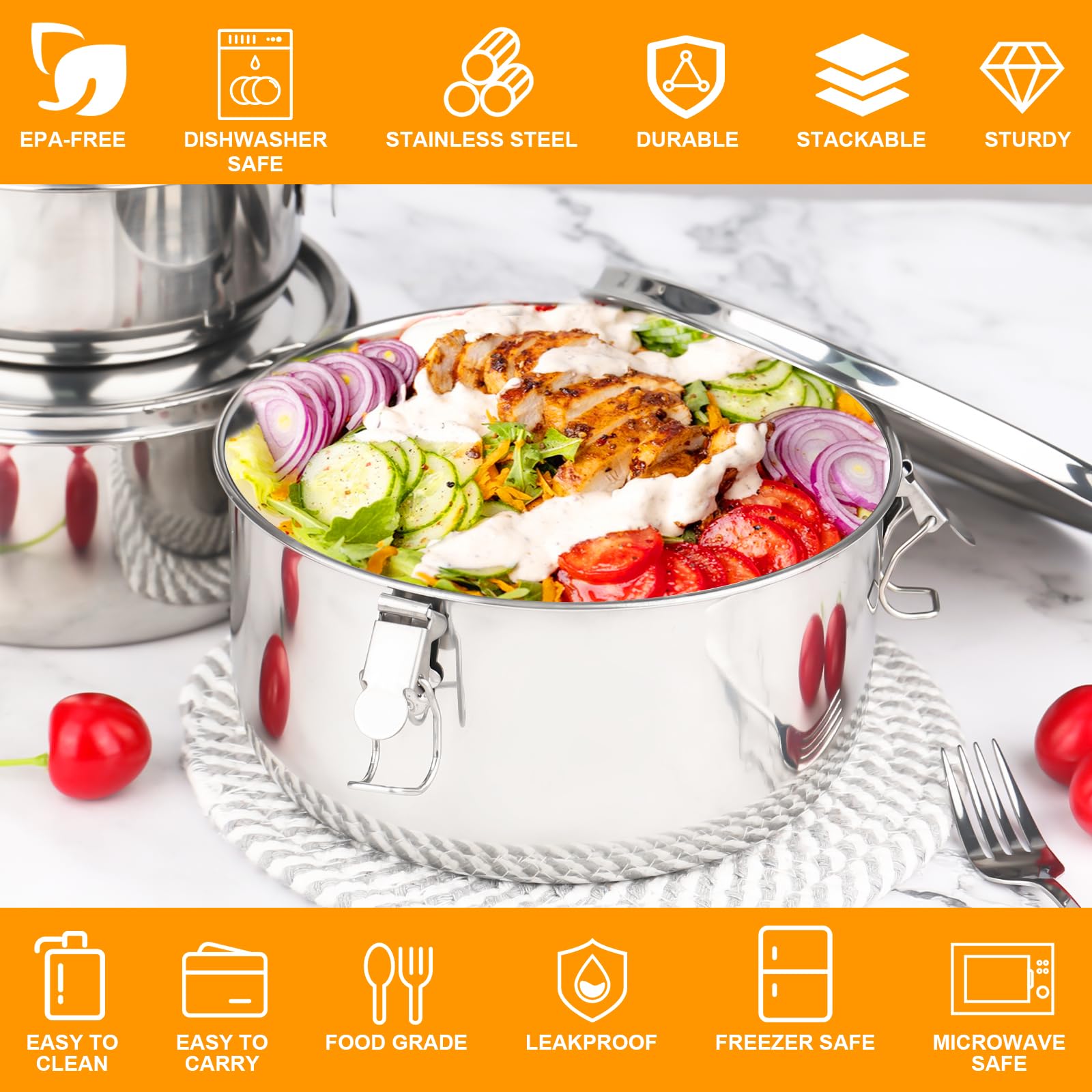 Contenitore in acciaio inox 304 per adulti e bambini, a prova di perdite, in acciaio inox, con coperchio per snack, frutta, cereali, zuppe (660/1040/1590 ml)