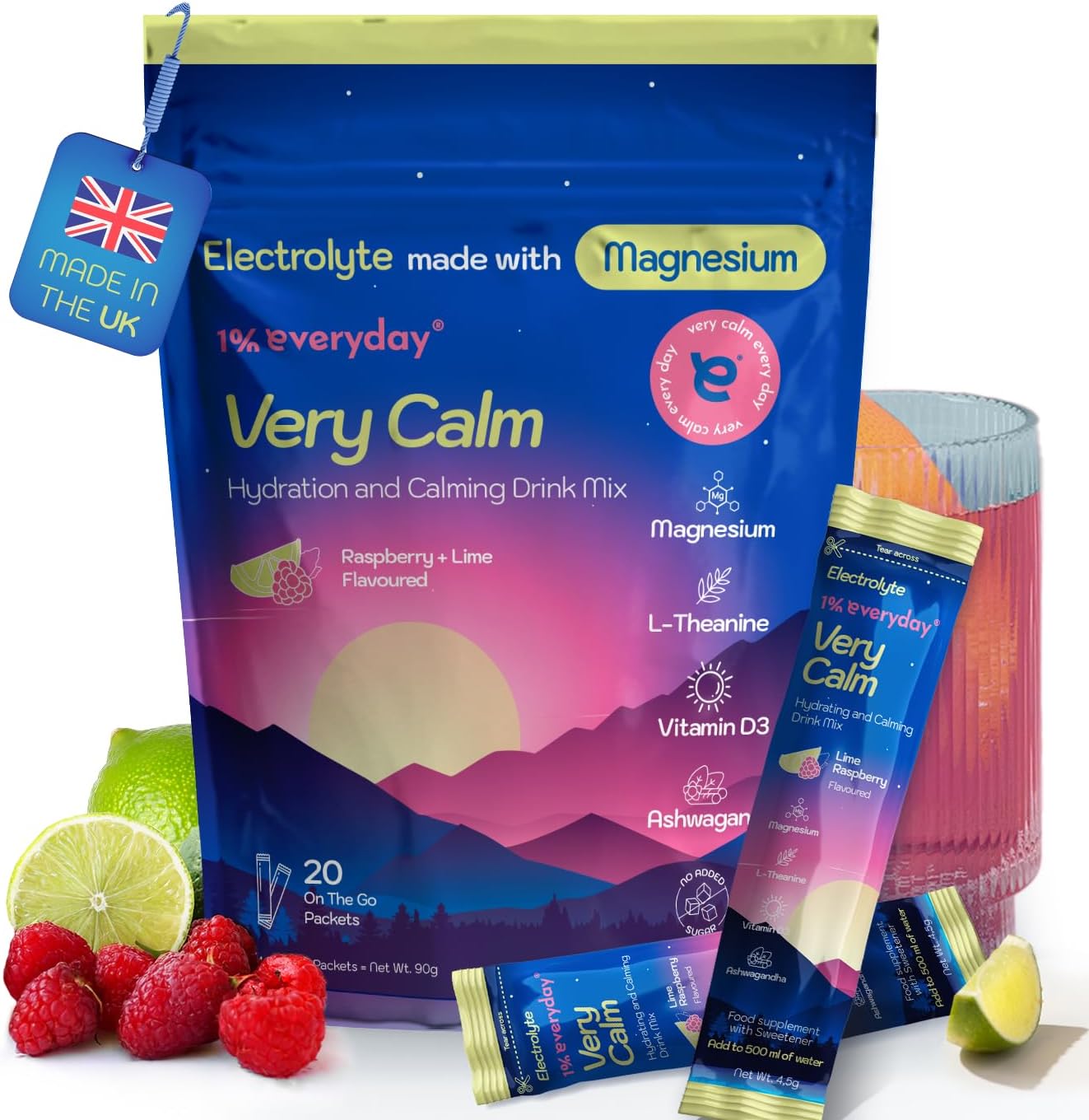 1% Everyday Cortisol Drink Sachets – Magnesium Powder with Ashwagandha, L-Theanine, Vitamin D3, Sodium & Potassium – Sugar Free Calm Drink for Stress Relief, Focus, Memory & Relaxation – 20 Servings