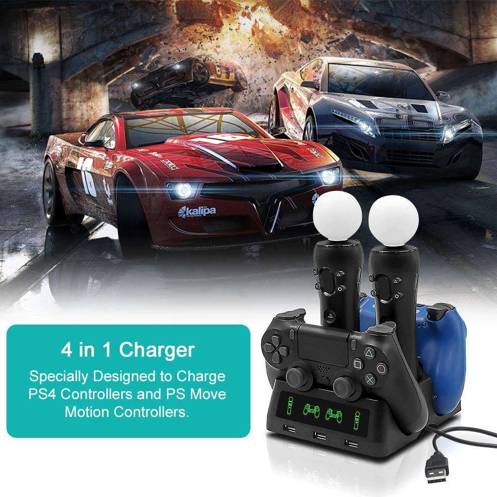 PS4 Controller Ladestation Mit LED Anzeige und 3 Front USB Ports - 4 in 1 für PS4/Pro/PS4 Slim/VR Move Motion Controller