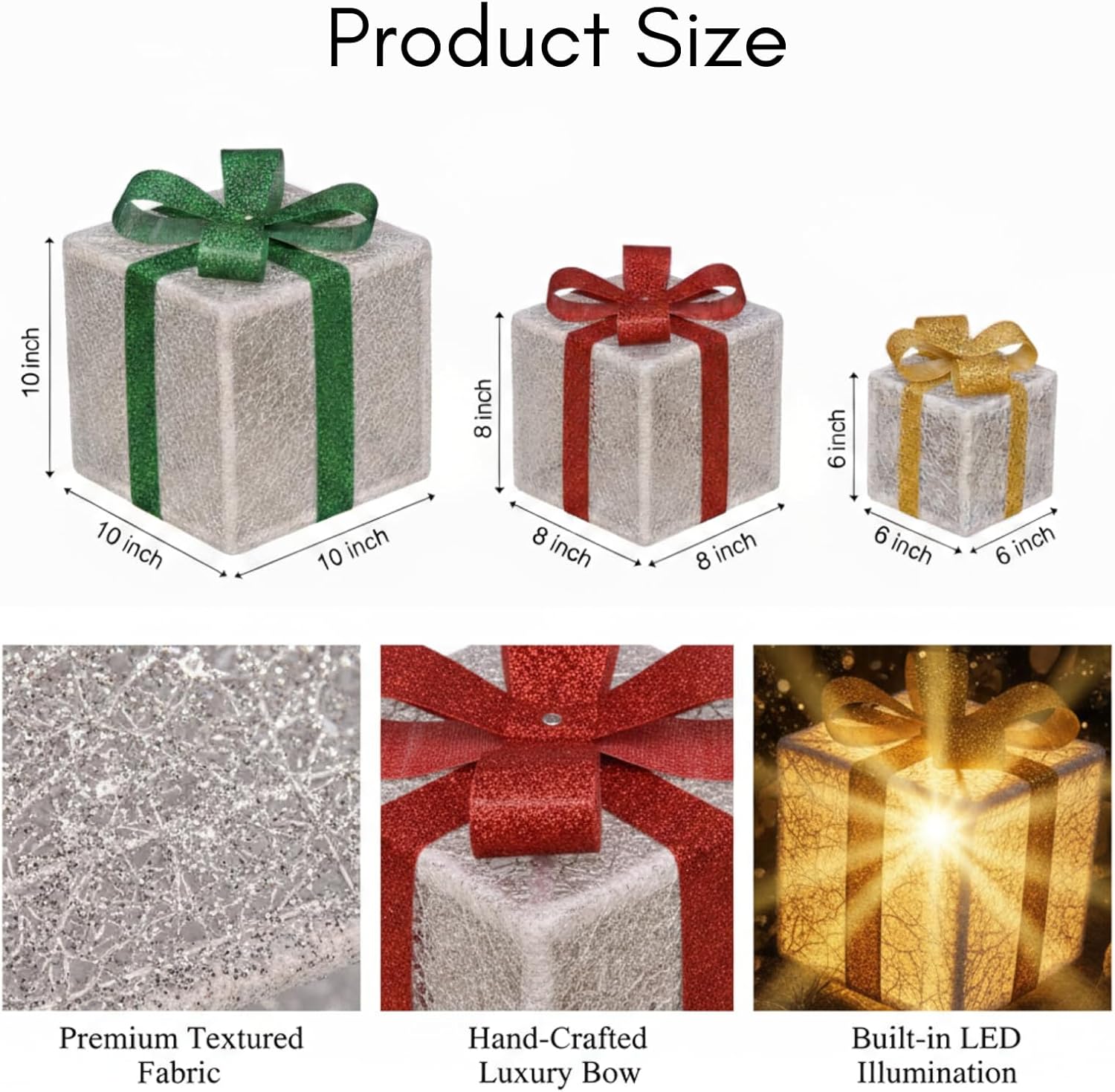 Christmas Lighted Gift Boxes, Set of 3 – Battery Operated Xmas Present Boxes with Red, Green & Gold Bows, Warm White LED for Indoor Home Decor, Christmas Tree, Yard & Holiday Party Decorations（Silver）