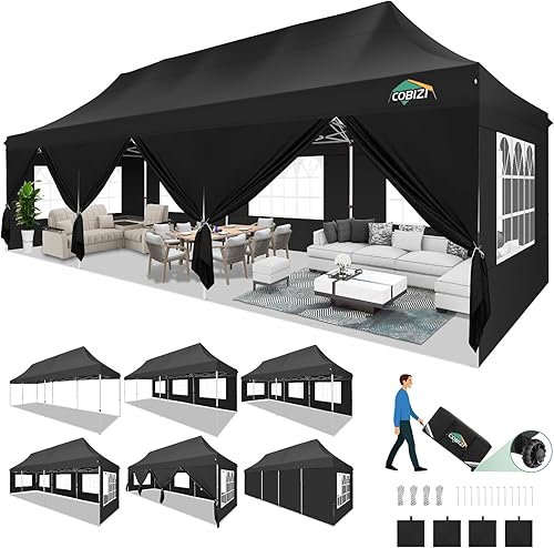 Miniatura 26 de COBIZI Carpa 10x20 Pop Up con paredes laterales, carpa comercial impermeable Ez al aire libre, cenador instantáneo con protección UV 50+ para