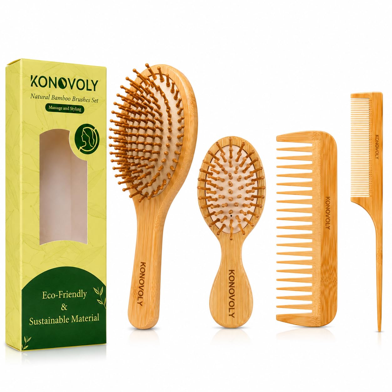 4PCS Bambus Haarbürste Set mit Paletten Entwirrungsbürsten Umweltfreundliche Naturhaarbürste,geeignet für Frauen,Männer und Kinder,Geschenkset für Haare/dünn/lockig/trocken