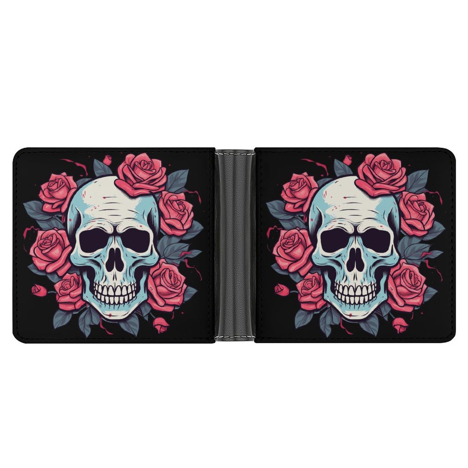 Skull Roses Bifold Wallet PU Leather Coin Purse Lightweight Credit Card Holder Wallet Money Clip