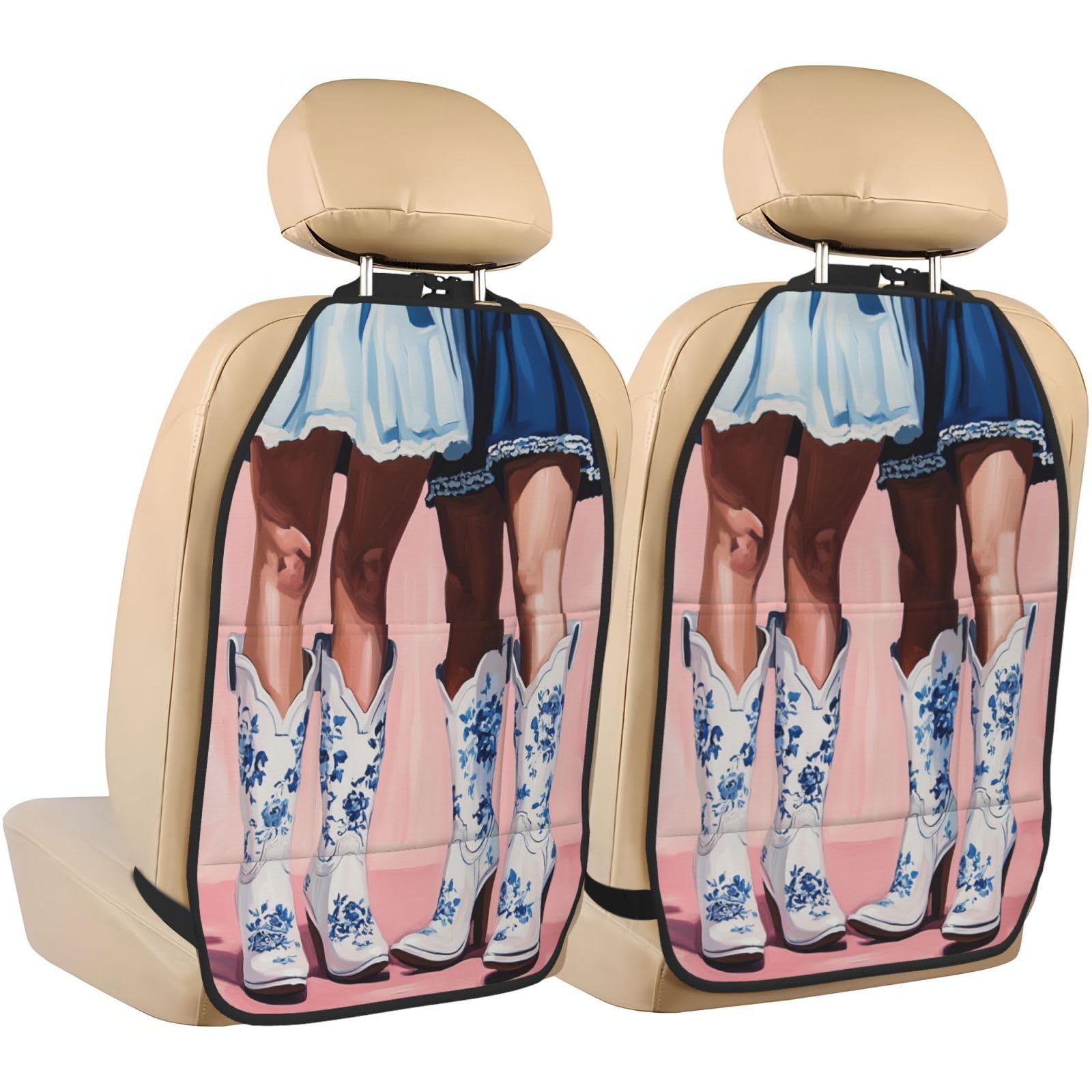 Two Women Cowgirl Boots Blue Short Dress Car Seat Back Kick Protectors,2 Pack Kick Mats With Storage Pockets For Vehicles To Protect From Dirt Mud Scratches