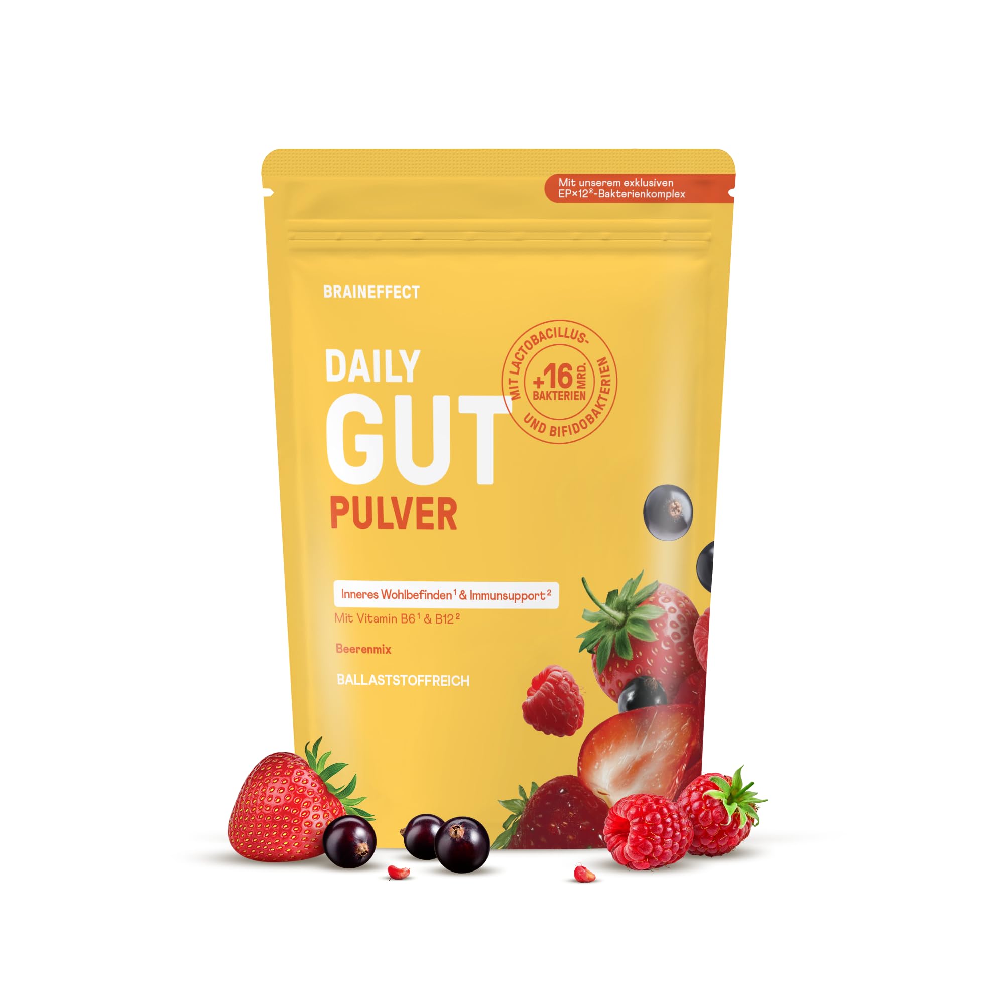 BRAINEFFECT DAILY GUT Beerenmix-Geschmack – Probiotisches Getränkepulver | mit 16 Mrd. lebenden Bakterien & 7 g Ballaststoffen pro Portion, mit Vitamin B1, B2, B6 & B12 – 240 g
