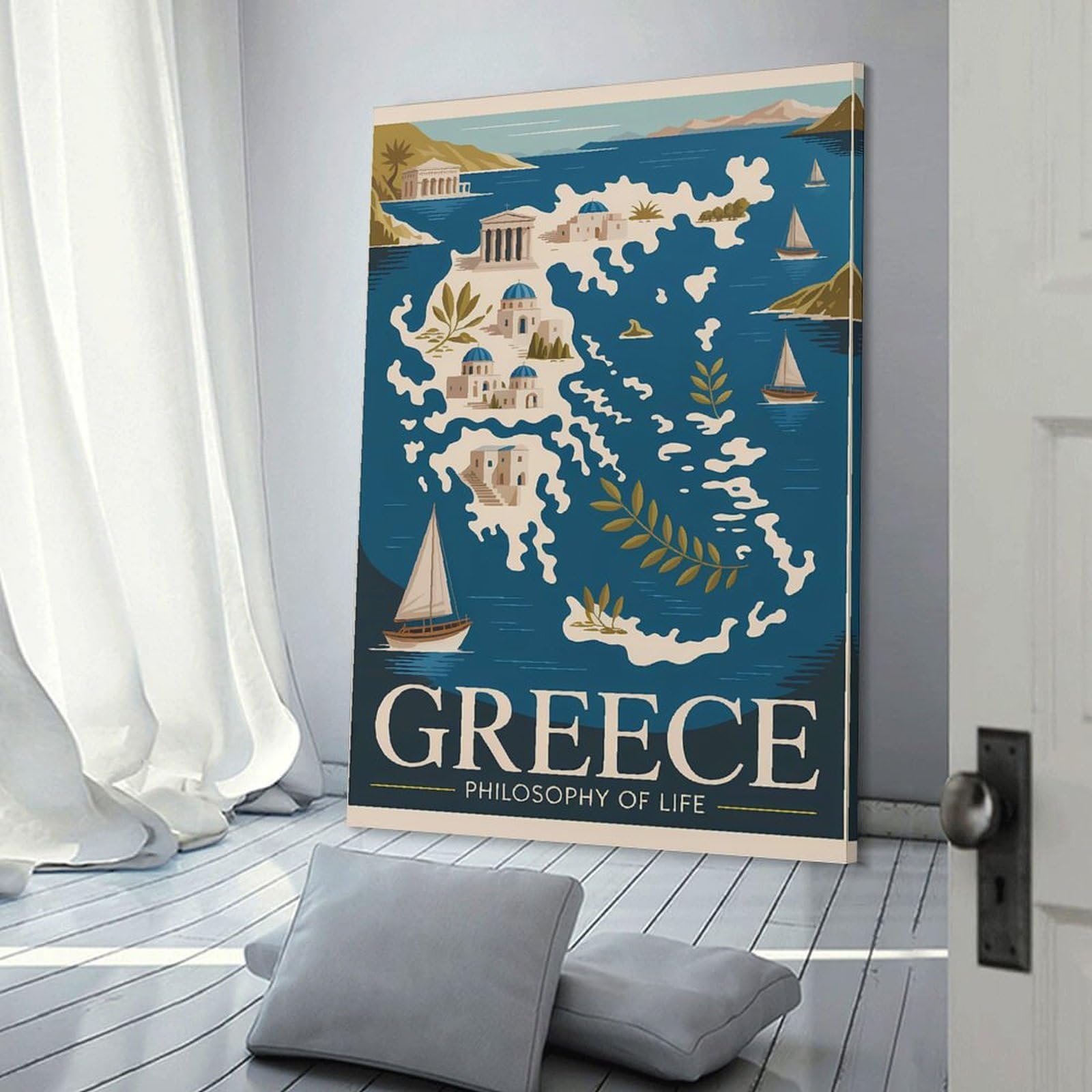 Junmoney Frame-Style-21-1 Greece Travel (2) Decorative Wall Artwork, 24X36inch(60X90cm), For Home Lounge, Bedroom Or Reading Nook, Eye Catching Artwork For Blank Walls