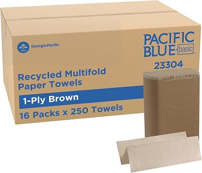 Pacific Blue Basic by Georgia-Pacific PRO Recycled Multifold 1-Ply Paper Towels, Brown, 9.4 x 9.2 LxW, 250 Towels Per Pack, 16 Packs Per Case, 23304