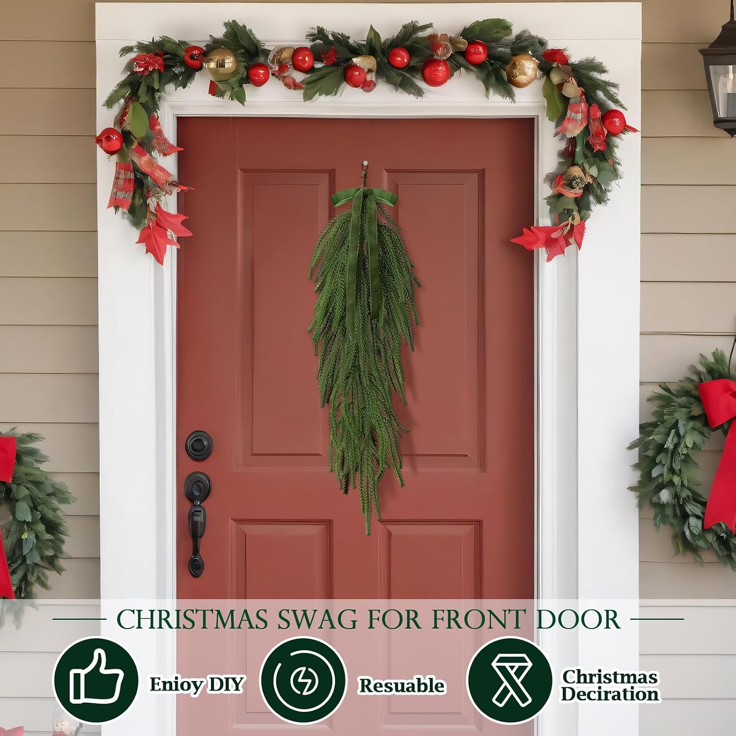 Shihanee 4 Pack Christmas Teardrop Swags with Rustic Velvet Ribbon Bow Artificial Realistic Norfolk Pine Greenery Swag for Festive Holiday Door Wall Home Porch and Mantel Decor(Green,24 Inch)