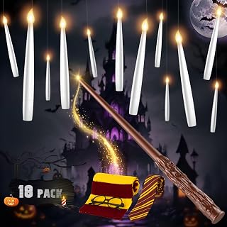 Floating Candles with Wand - 18 Pack Halloween Decorations Magic Flameless Candles Flickering Light Hanging Candle Remote with Glasses, Tie, Scarf, Battery Operated Candles for Christmas Party Decor