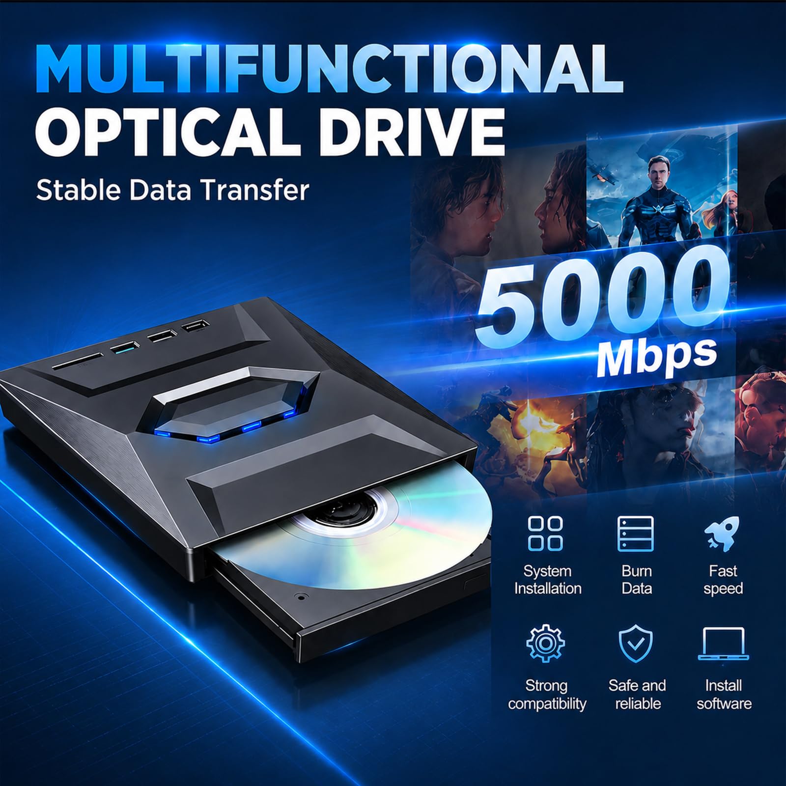 Lecteur Blu-ray externe 7 en 1 USB 3.0 Type-C, prend en charge 100 G BD DVD CD lecteur Blu-ray externe, lecteur Blu-ray portable ultra fin avec port TF/SD