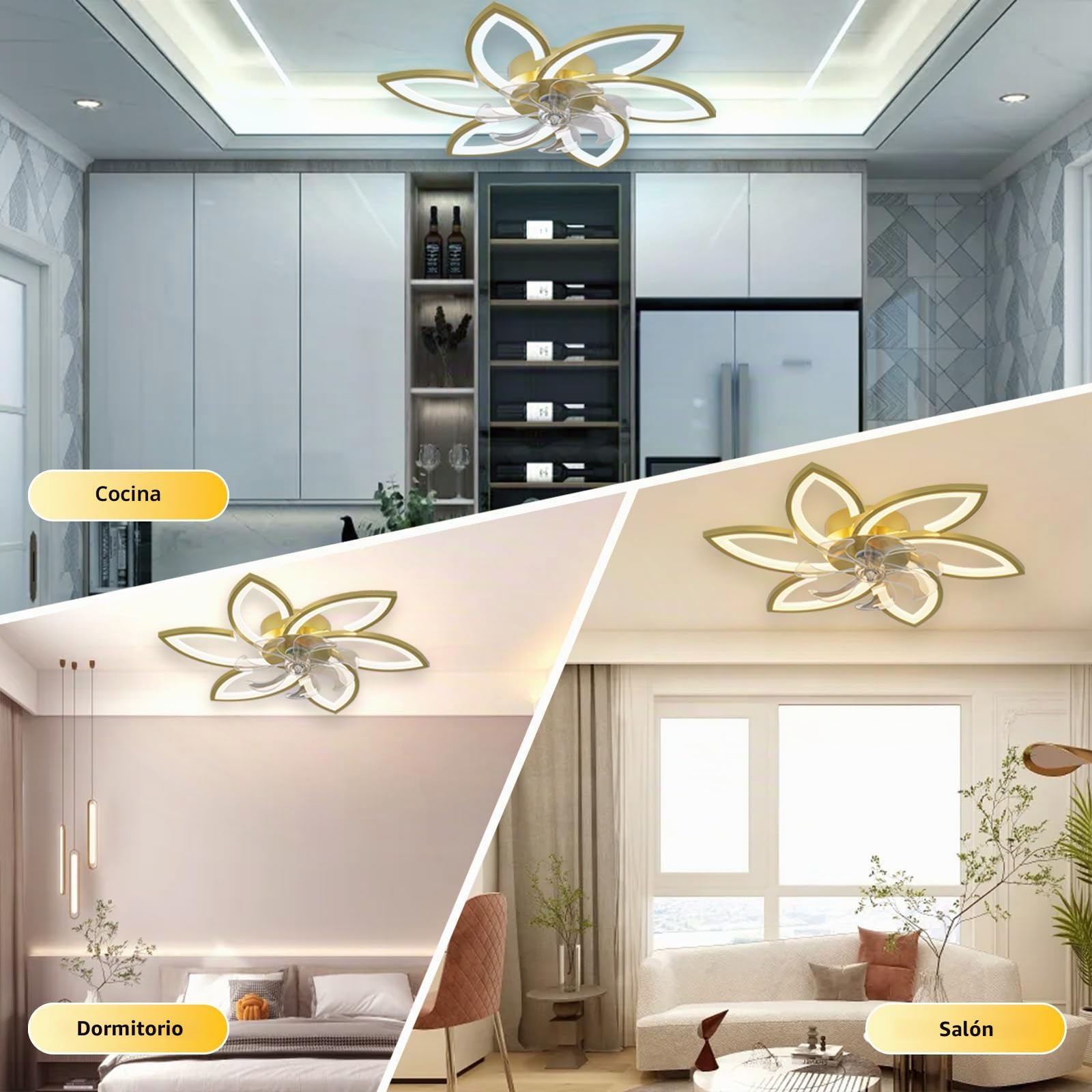 Ventilador De Techo LED Con Iluminación, 66W Regulable Lámpara Colgante, Silencioso Con Luz Para Sala De Estar Dormitorio Comedor, Blanco Gold, 6 Köpfe 78x15cm