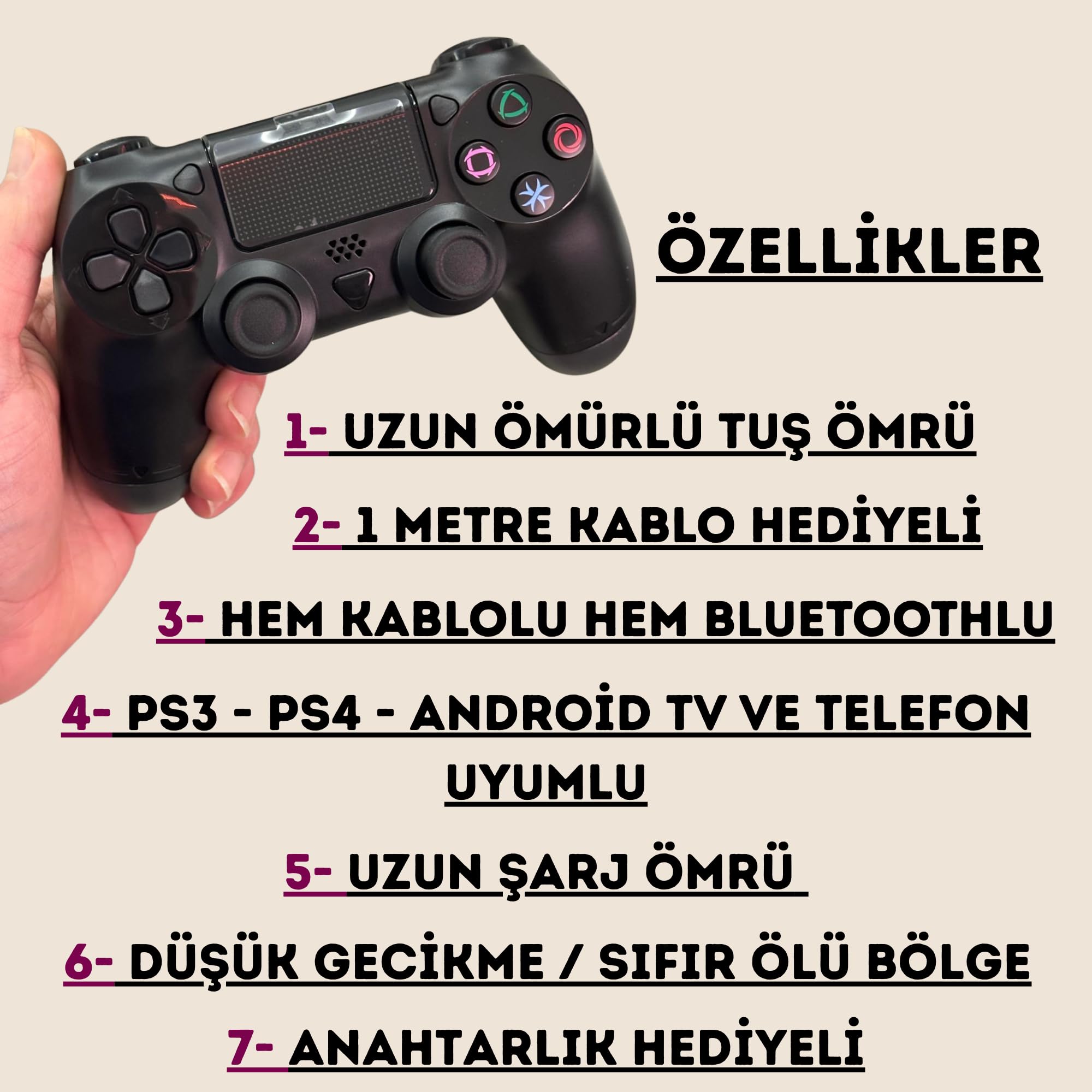 HEPU P-4 Kablosuz Oyun Kolu, Bluetooth Gamepad, PS4/PS3/PC/Android TV Uyumlu, Çift Titreşimli, Şarj Edilebilir, Dokunmatik Yüzey, Siyah