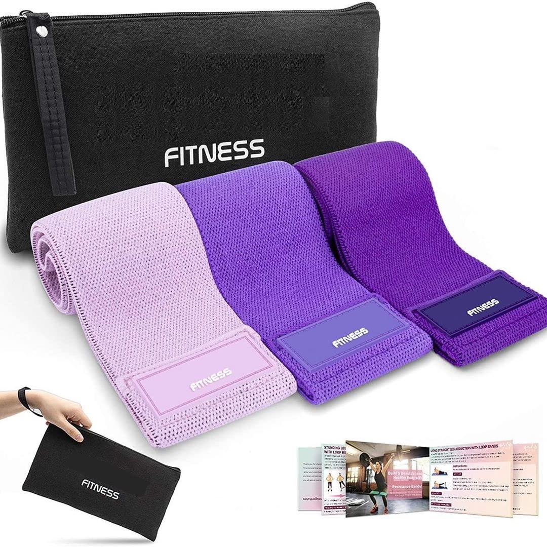 UNISEX Fabric Resistance Bands - 3 Set Non Slip Workout Exercise Bands - Ideal for Butt Booty Glutes Legs Hips Groin Squats Strength Training Rehab (Purple)