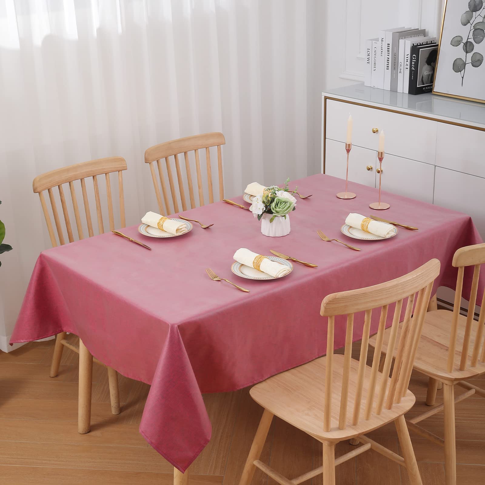 Nappe De Table Rectangulaire Homaxy 140x300cm Aspect Lin - Imperméable Beige Pour Intérieur Et Extérieur