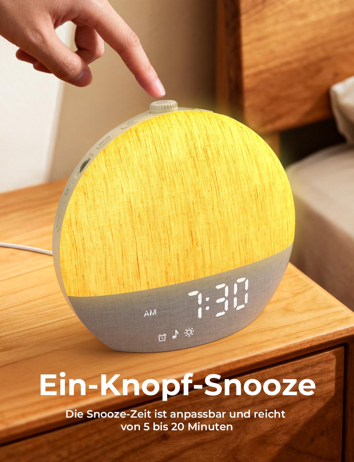 LIORQUE Tageslichtwecker, Sonnenaufgang Simulation, Bluetooth, Stoffdesign