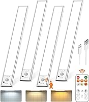 LENOMA 4-Pack USB Rechargeable Under Cabinet Lights: 180 Lumen Motion Sensor, Remote Control, 3 Color Dimmable for Kitchen, Closet, Stairs