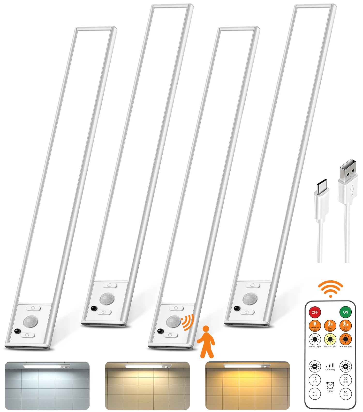 Under Cabinet Lighting with Remote Control,2500mAh USB Rechargeable Motion Sensor Light Indoor,350 Lumen LED Closet Lights,3 Color Temps Wireless Under Counter Lights for Kitchen,Pantry, Stair, 4 Pack