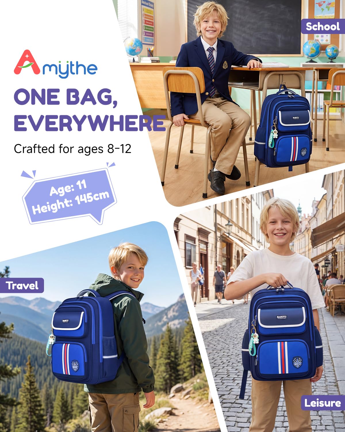 Amythe Zaino Scuola Elementare Bambino - Zaino Scolastico per Ragazzi 8-12 Anni - Zaini Elementari Bambino Ergonomico Impermeabile Leggero e Capiente - Natale o Compleanno -Blu