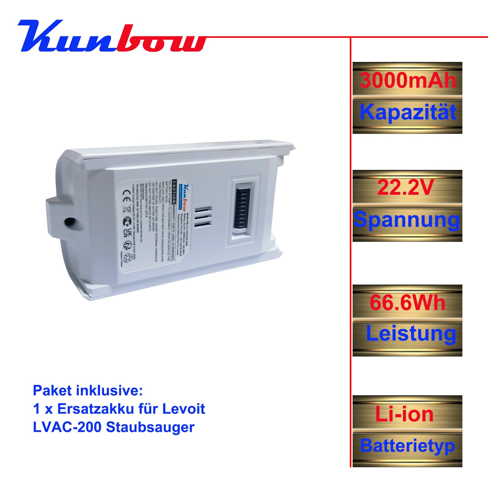 3000mAh Ersatzakku für Levoit LVAC 200, Ersatzbatterie für Levoit LSV-V201-WUS Akku Staubsauger, Ersatz für Levoit Batterie LSV-V201B. (22.2V/66.6Wh)