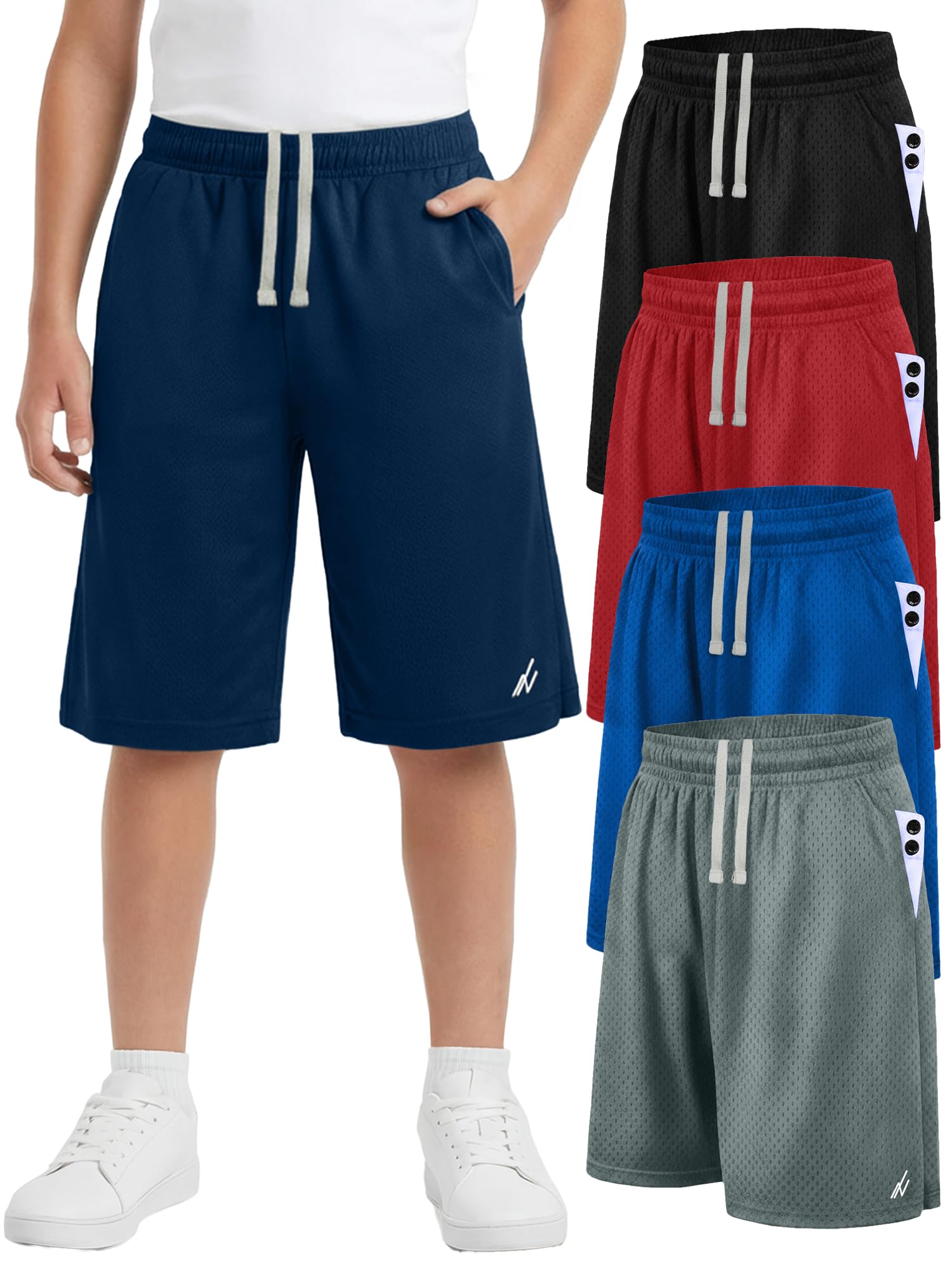ny threads 5 pack boys athletic shorts quick dry lightweight basketball shorts for kids youth with pockets and drawstring, x-large, black/medium grey/royal blue/red/navy